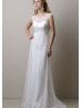 Sheer Neckline Ivory Satin Chiffon Keyhole Back Prom Dress
